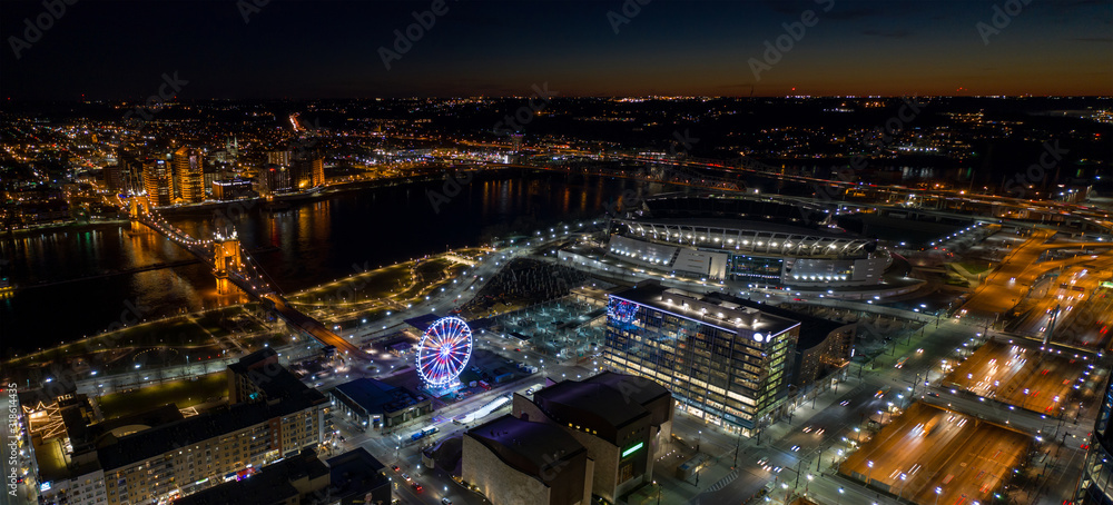 Cincinnati Ohio night aerial photo - obrazy, fototapety, plakaty 