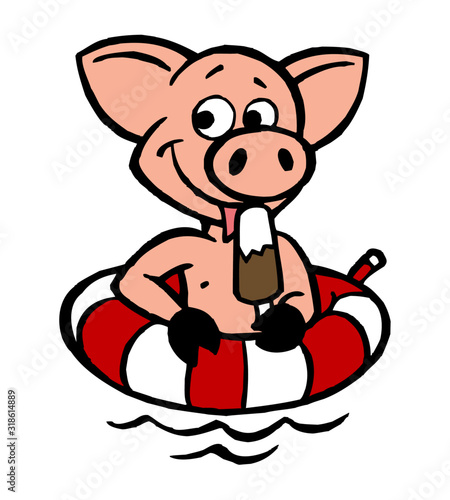Piggy mascot with swimming ring in water licks ice cream colorful clipart