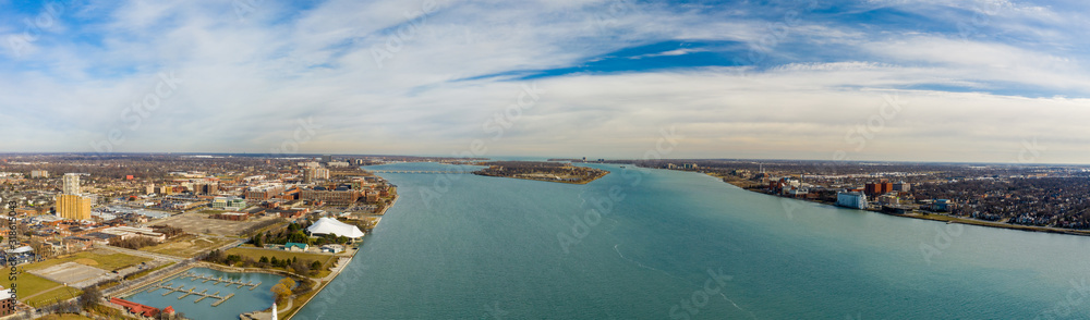 Aerial video Detroit River between USA and Canada