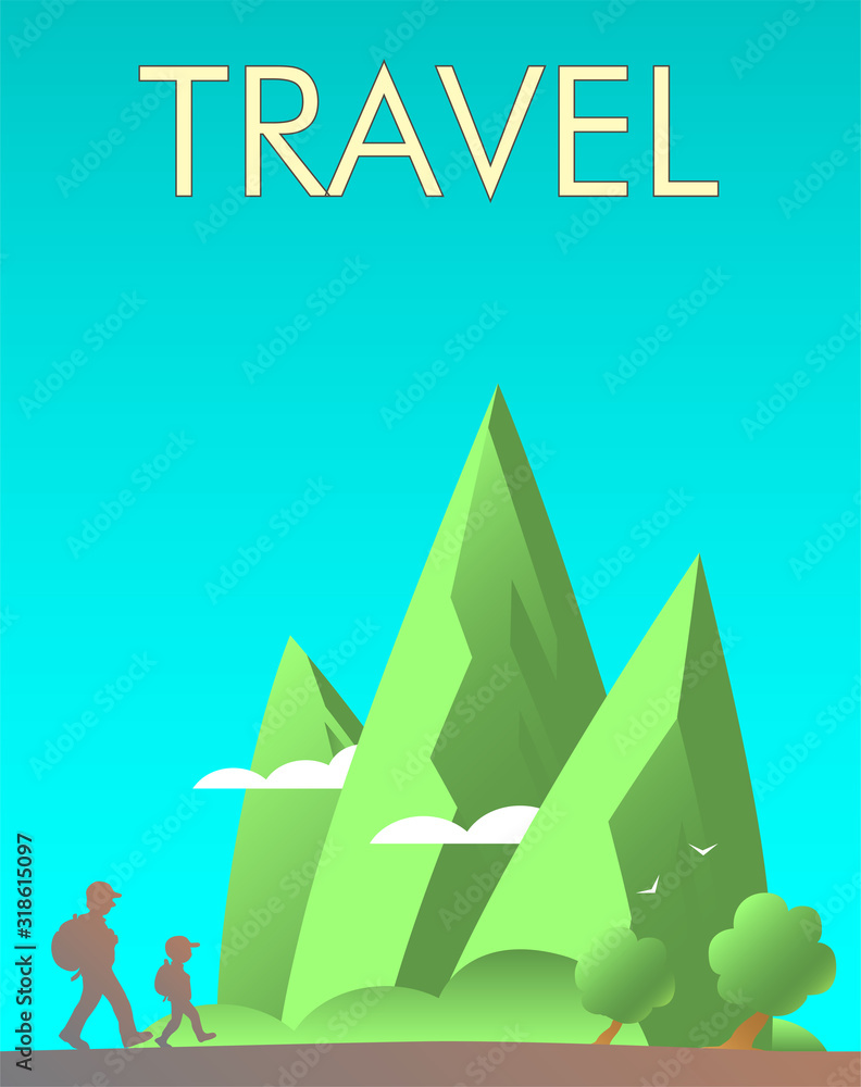 Cartoon father and son travel with backpacks in beautiful places of nature. Silhouettes of people. Green mountains, trees and fog. Place for text. Vector illustration. Cartoon father and son travel with backpacks in beautiful places of nature. Silhouettes of people. Green mountains, trees and fog. Place for text. Vector illustration.