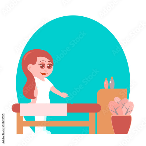 Nice girl massage therapist in a beauty salon. Near the desktop for the client. Vector illustration.