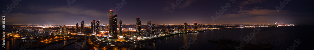 Night aerial panorama Toronto Canada lakeside