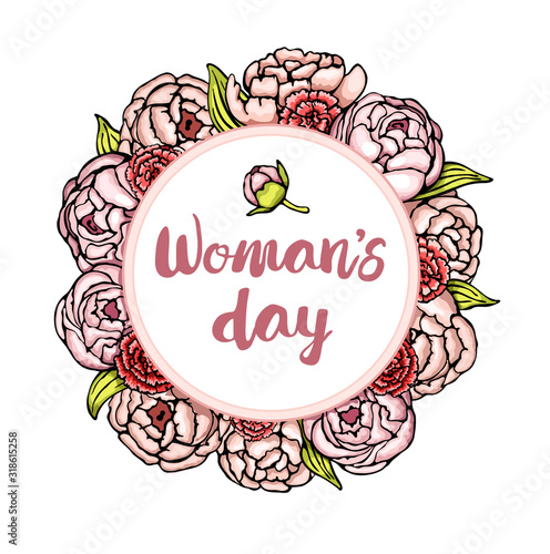 Colourful flower frame with peonies and carnations in hand drawn style. Vector for romantic design with lettering.