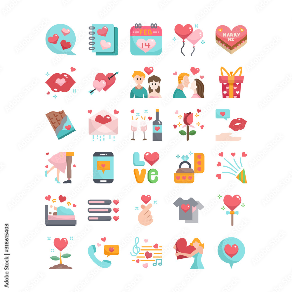 Obraz premium Love story on Valentine's day flat design icon set, vector and illustration
