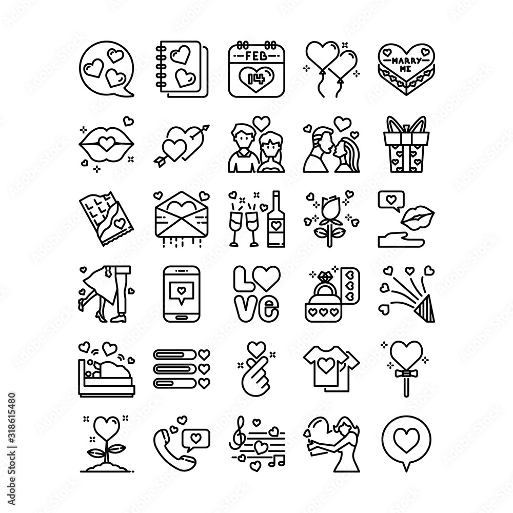 Fototapeta premium Love story on Valentine's day outline icon set, vector and illustration