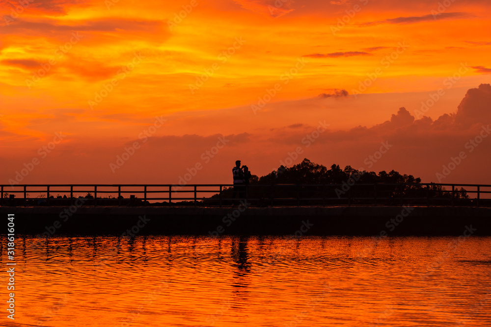 Sunset in Lake Nglanggeran / Embung Nglanggeran, a lake that holds rainwater at a height, Gunungkidul, Yogyakarta.