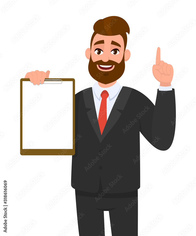 Young businessman showing blank clipboard and pointing finger up or one idea. Person holding notepad. Male character design illustration. Human expressions & gestures concept in vector cartoon style. Young businessman showing blank clipboard and pointing finger up or one idea. Person holding notepad. Male character design illustration. Human expressions & gestures concept in vector cartoon style.