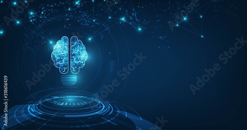 Vector circle tech with light blue and lamp bulb,Concept of thinking with brain, Abstract AI(Artificial Intelligence)on Technology  background