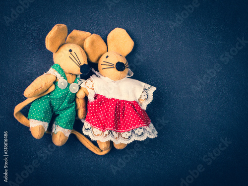 Textile toy- mouses  with dotted dress. Love, friends, togetherness concept.
