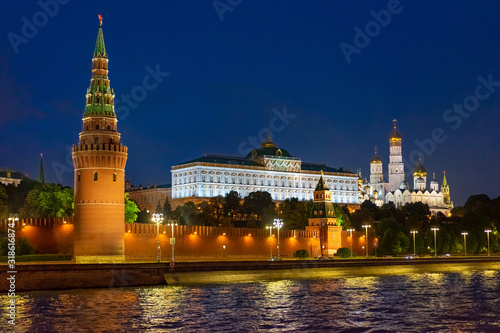 Moscow. Russia. View of the Kremlin from the Sofia embankment. Grand Kremlin Palace at night. The residence of the President of Russia. Blagoveshchensky cathedral. The walls of the Kremlin. Red Square