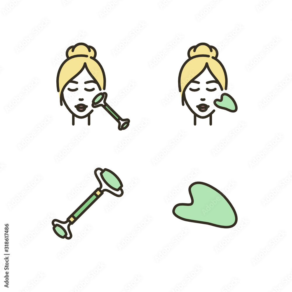 Facial Massage Gua Sha. Jade Massage Roller. Vector Icon Set. Facial Massage Gua Sha. Jade Massage Roller. Vector Icon Set.