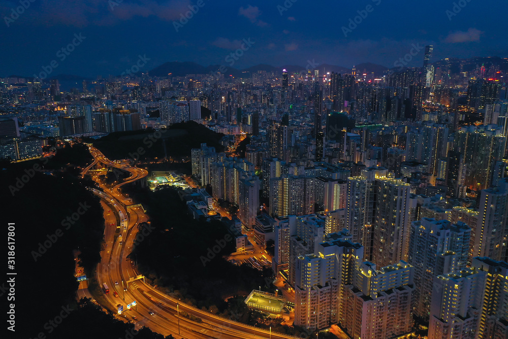 Aerial view of Hong Kong City at twilight time.
