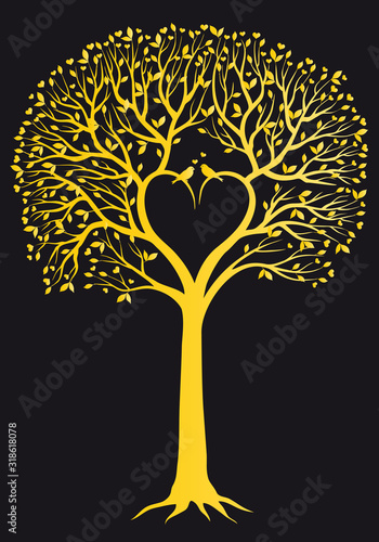 Gold heart shaped wedding tree, vector illustration