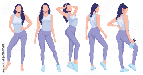 Fitness girl posing. Sport girls. Flat design. Isolated vector illustration on white background