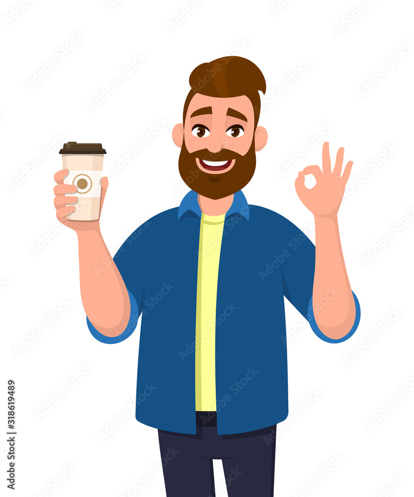 Happy bearded trendy man holding a coffee cup and showing, gesturing or making okay, OK sign with hand fingers. Male character design illustration. Modern lifestyle, food and drink concept in cartoon.