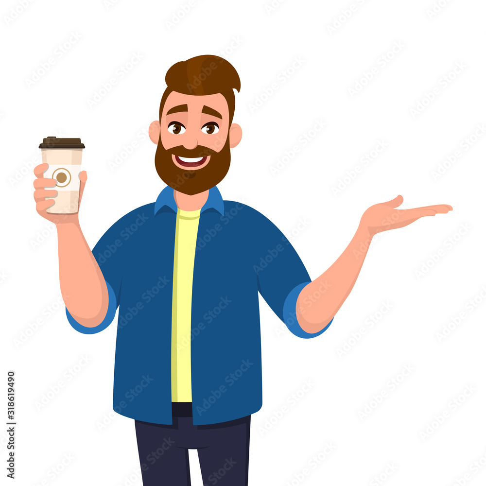 Happy bearded trendy man holding a coffee cup and pointing, showing or presenting hand palm to copy space side away. Male character design illustration. Modern lifestyle, food and drink concept. Happy bearded trendy man holding a coffee cup and pointing, showing or presenting hand palm to copy space side away. Male character design illustration. Modern lifestyle, food and drink concept.