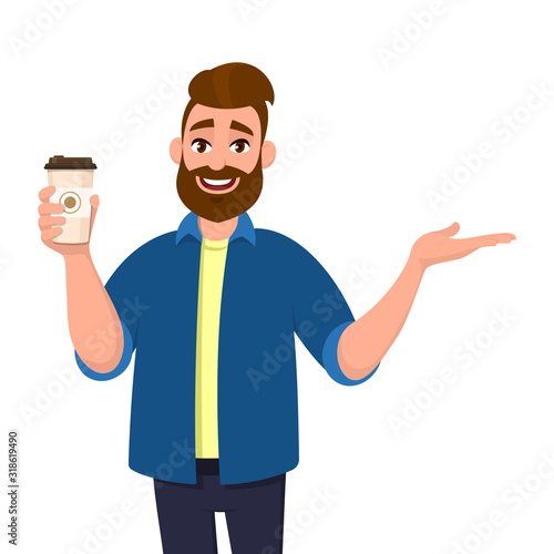 Happy bearded trendy man holding a coffee cup and pointing, showing or presenting hand palm to copy space side away. Male character design illustration. Modern lifestyle, food and drink concept.