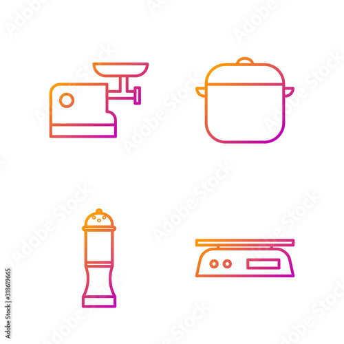 Set line Electronic scales, Pepper, Kitchen meat grinder and Cooking pot. Gradient color icons. Vector