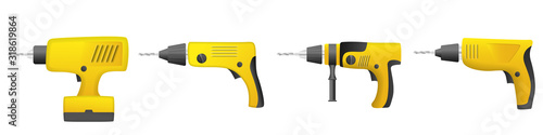 Drilling machine icons set. Realistic set of drilling machine vector icons for web design isolated on white background