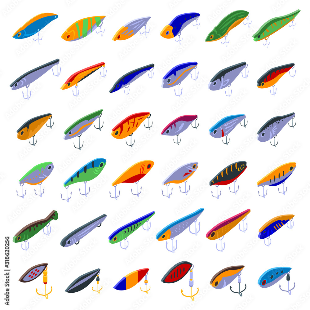 Fish bait icons set. Isometric set of fish bait vector icons for web design isolated on white background Fish bait icons set. Isometric set of fish bait vector icons for web design isolated on white background
