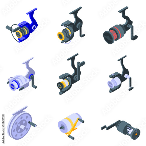 Fishing reel icons set. Isometric set of fishing reel vector icons for web design isolated on white background