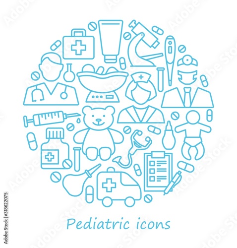 Pediatrics, medical care for children. Line icons in the form of a circle