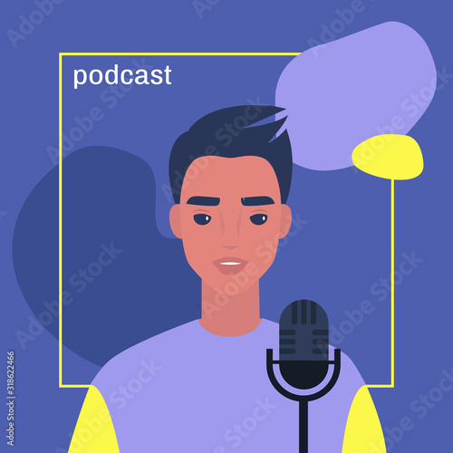 Young male character hosting a podcast, cover image template