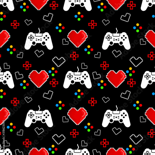 Gaming Controller and Hearts Seamless Pattern