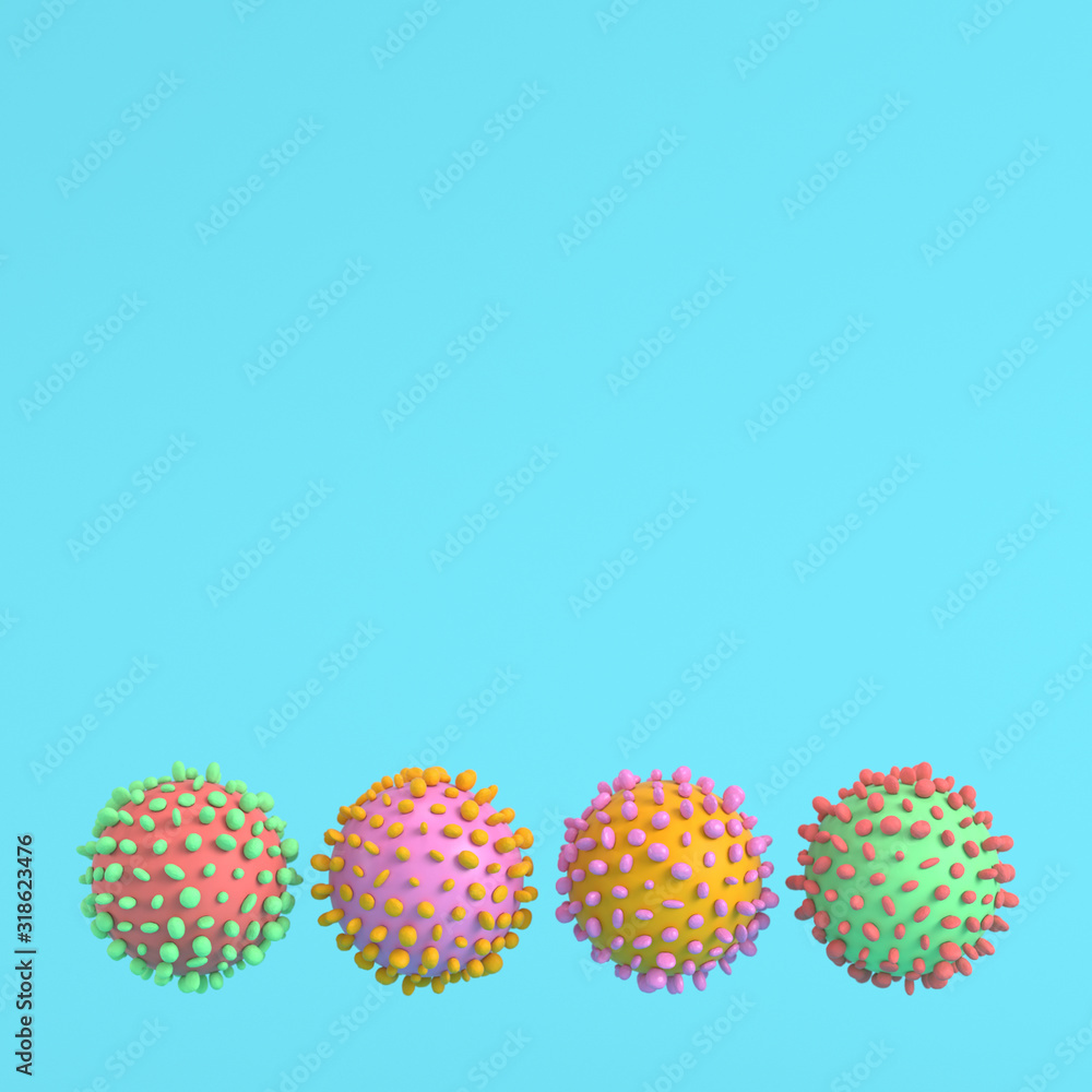 Four colorful viruses on bright blue background in pastel colors. Minimalism concept Four colorful viruses on bright blue background in pastel colors. Minimalism concept