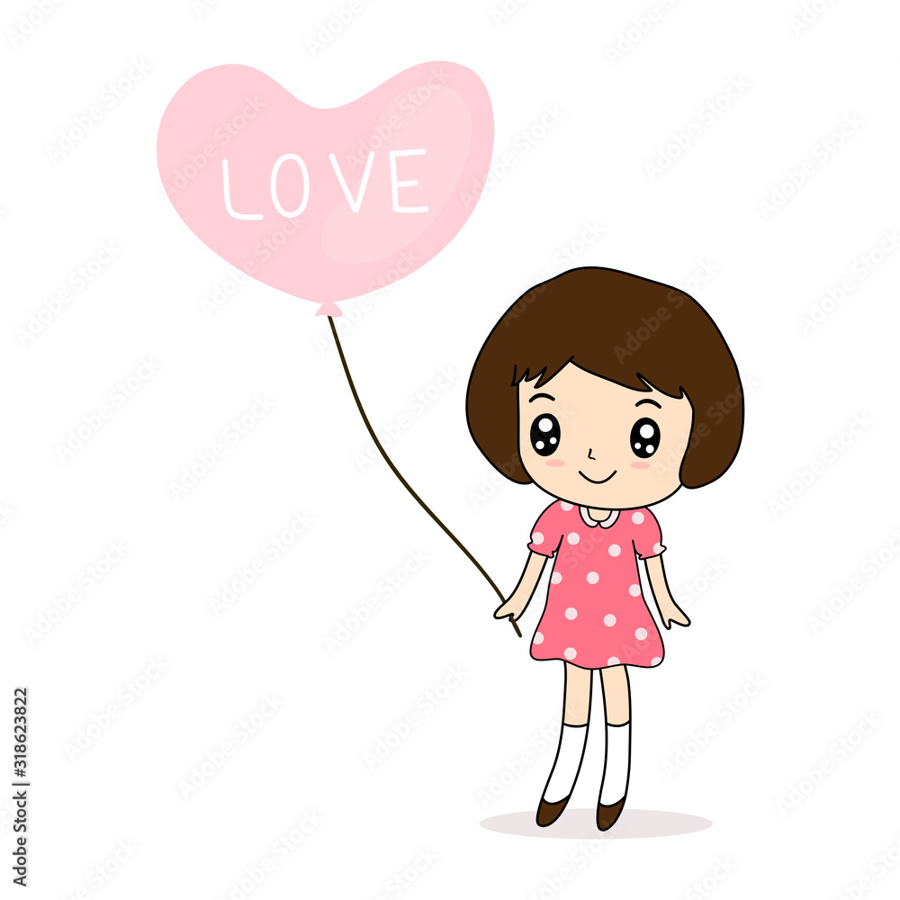 Love concept, Girl with a heart shaped balloon, text love on balloon, vector illustration Love concept, Girl with a heart shaped balloon, text love on balloon, vector illustration