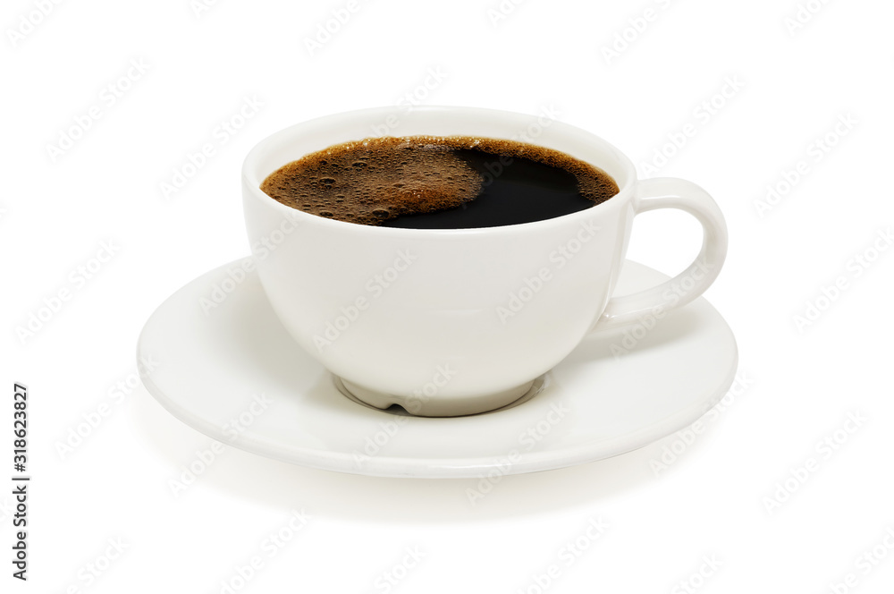 Black coffee in a white cup on plate top view isolated on white background. With clipping path Black coffee in a white cup on plate top view isolated on white background. With clipping path