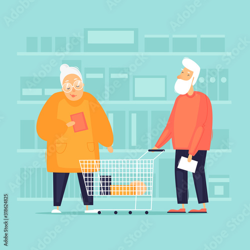 Pensioners in a shop with a trolley buy food. Flat design vector illustration.