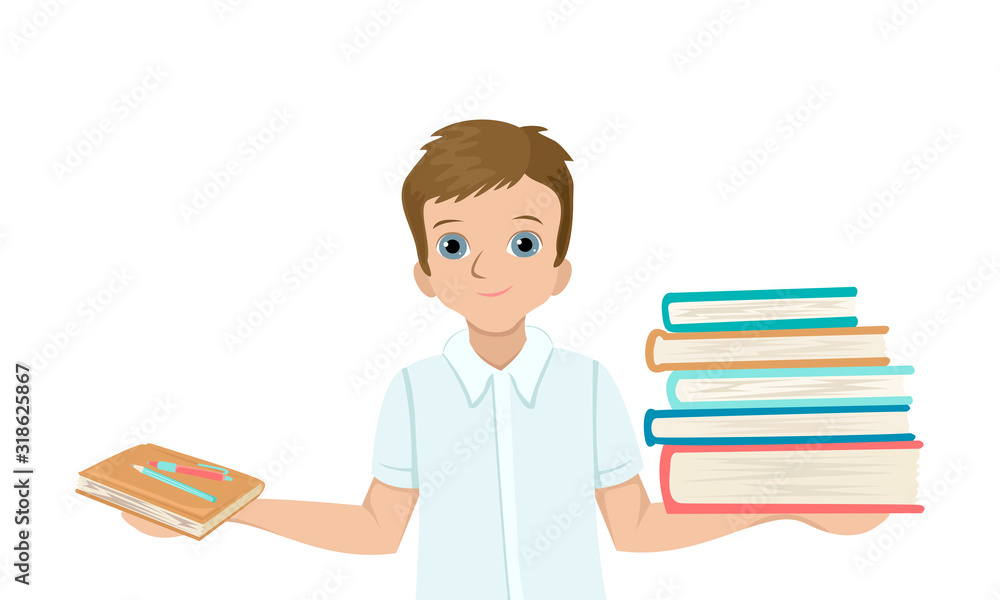 A student boy holds a notebook in one hand and a pile of large, heavy books in the other. Vector character