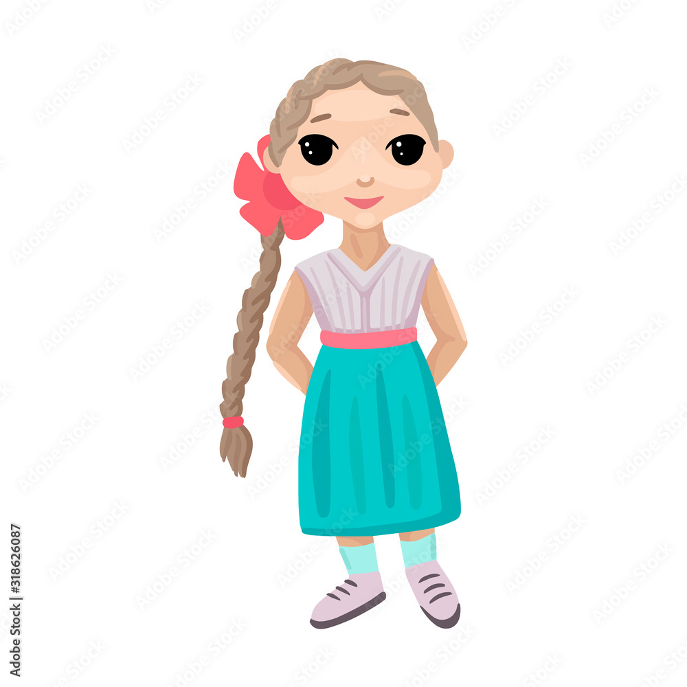 Little girl is standing and holding hands behind her back. Hairstyle long braid. Vector character
