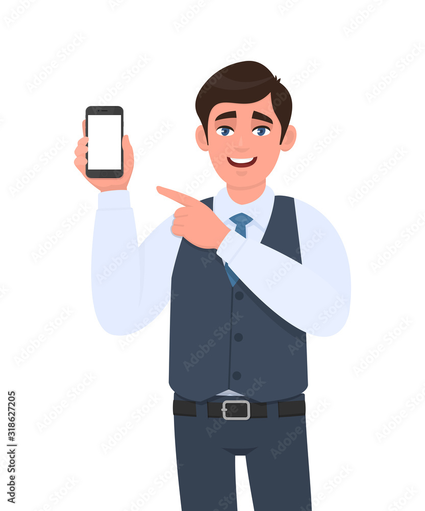 Stylish young businessman in vest suit showing blank mobile, cell phone and pointing finger. Trendy person holding smartphone screen. Digital technology, modern lifestyle concept in vector cartoon.