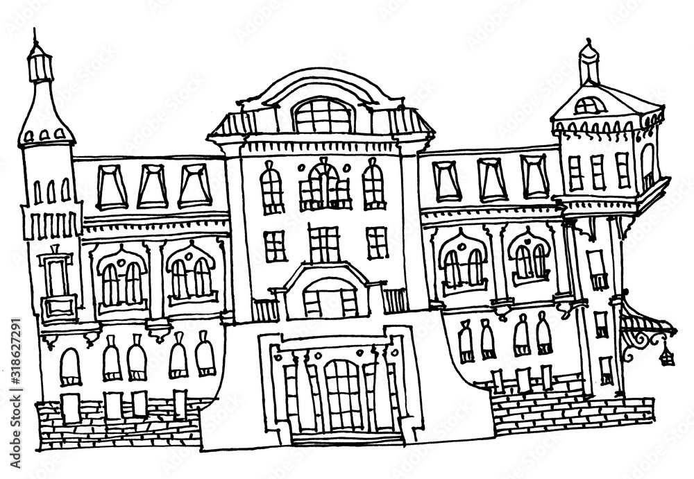 Sketch in lines on a white background old town house in classical architecture, street facade, entrance