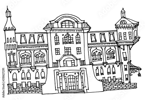 Sketch in lines on a white background old town house in classical architecture, street facade, entrance
