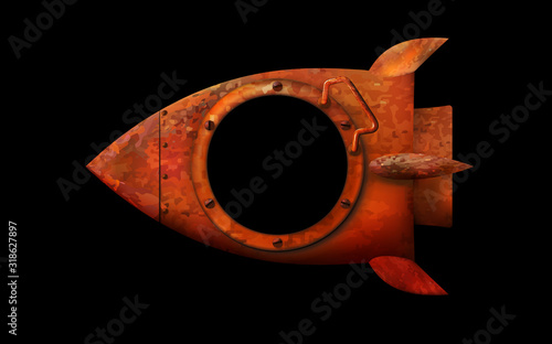 Rocket is flying cartoon 3d. Old rusty spaceship isolated on white background. Vector illustration Photo frame.