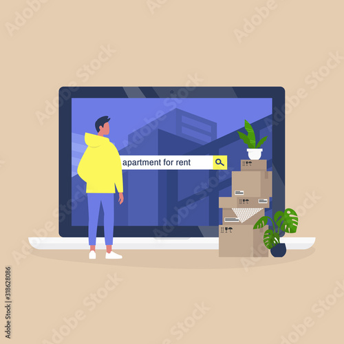 Young male character using an online platform to find an apartment for rent, House renting service