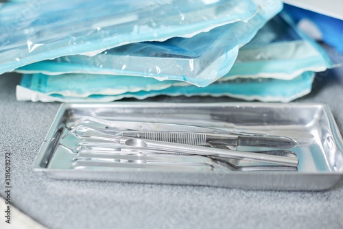 Obraz na plátne Sterilized medical dental steel tools, closeup, sterilization department of dent