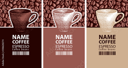 Vector set of labels for coffee beans. Coffee labels with hand-drawn cups and barcodes on the background of coffee beans