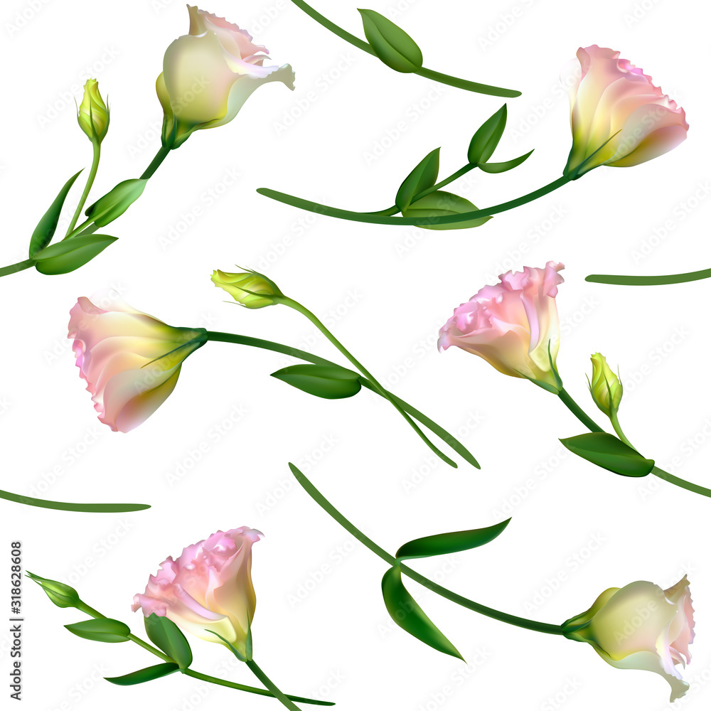 Pink flowers. Floral background. Seamless pattern. Eustoma. Green leaves. Vector illustration.
