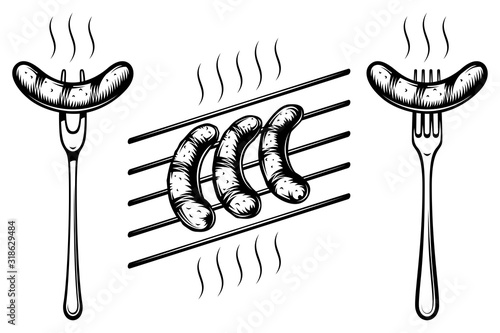 Grilled sausages on grill grate. Bavarian sausages on fork. Traditional food on Oktoberfest. Black and white vector illustration in retro inked style from vintage engraved strokes for tattoo or print.