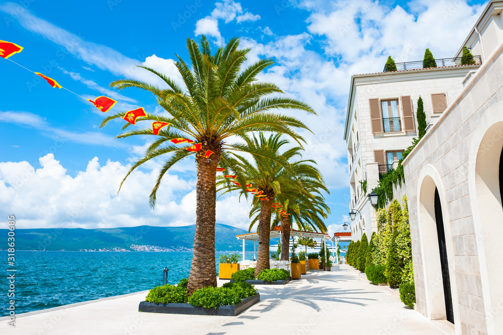 Beautiful sea promenade in Tivat, Montenegro. Kotor bay, Adriatic sea. Famous travel destination.