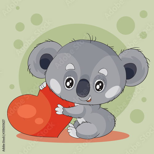 cute gray koala character holds in his paws a big red heart wants to give it, green background,