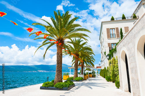 Beautiful sea promenade in Tivat, Montenegro. Kotor bay, Adriatic sea. Famous travel destination. photo