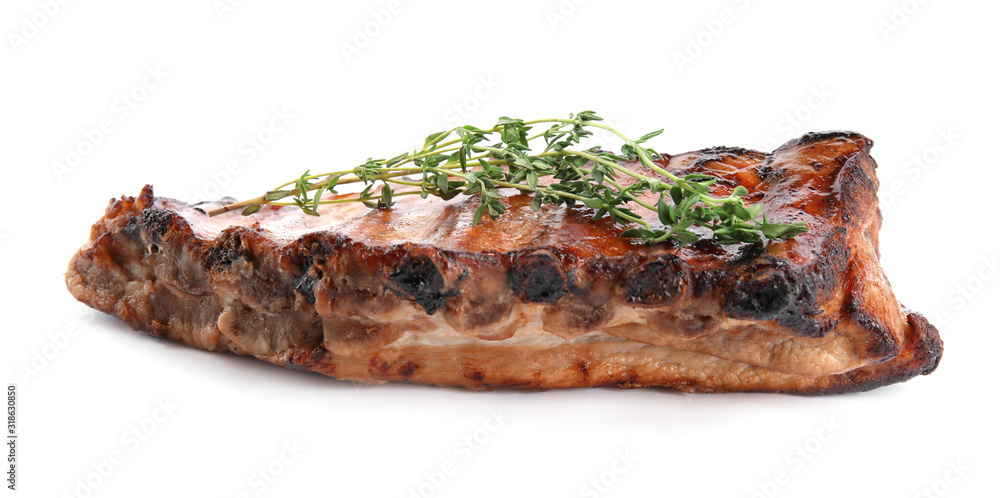 Tasty grilled ribs with thyme isolated on white Tasty grilled ribs with thyme isolated on white