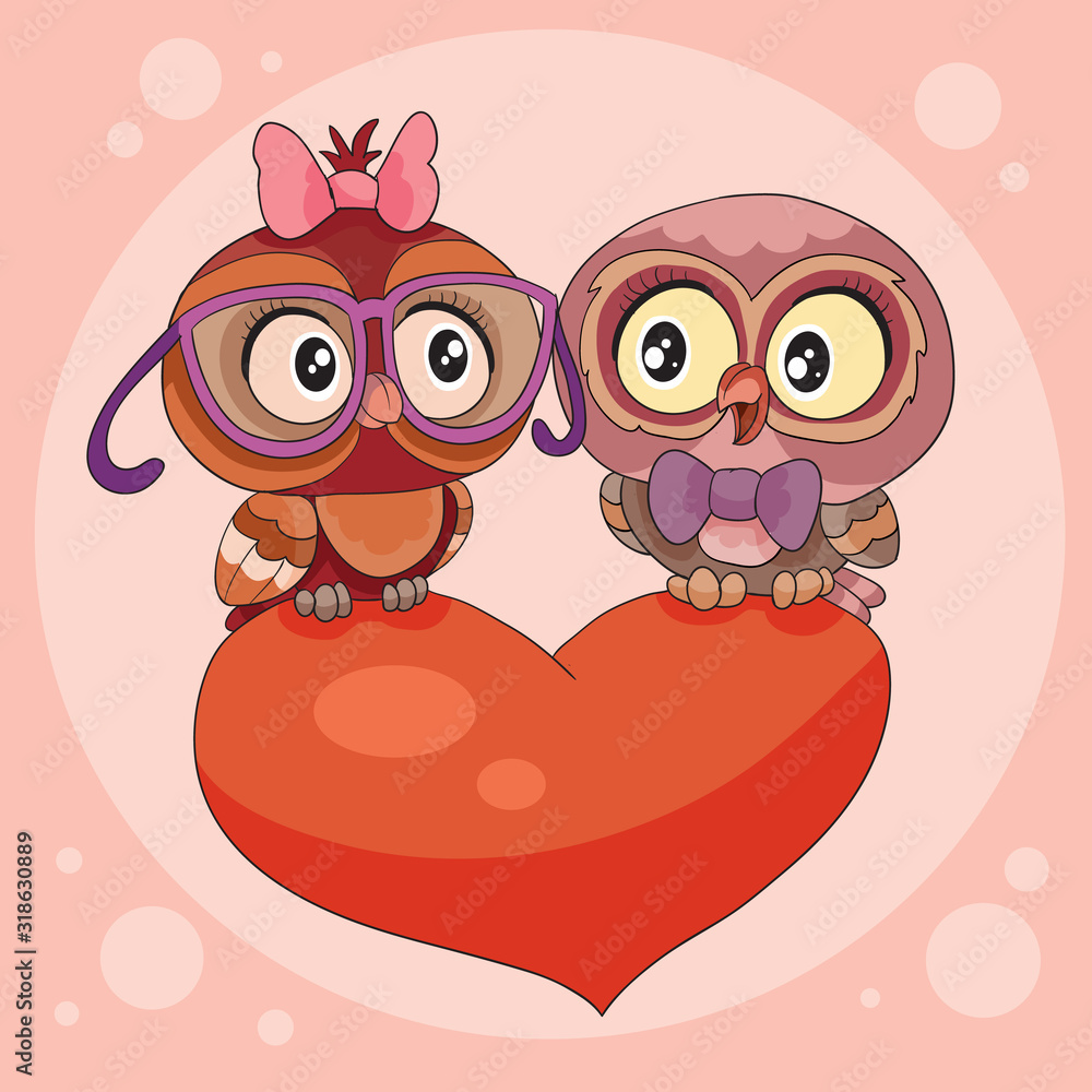 two cute owls are sitting on a big red heart and declare their love in each other, two cute owls are sitting on a big red heart and declare their love in each other,