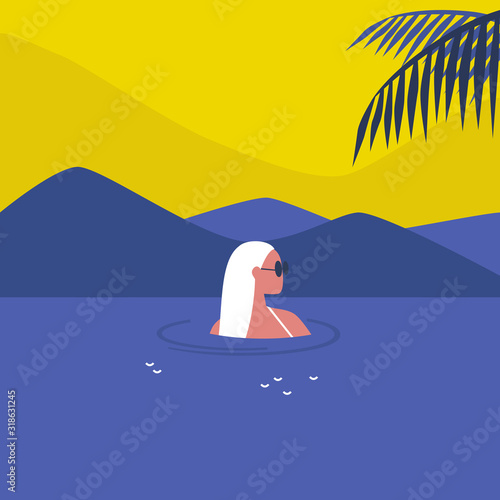 Young female character swimming in the sea, holidays in a tropical climate, lifestyle