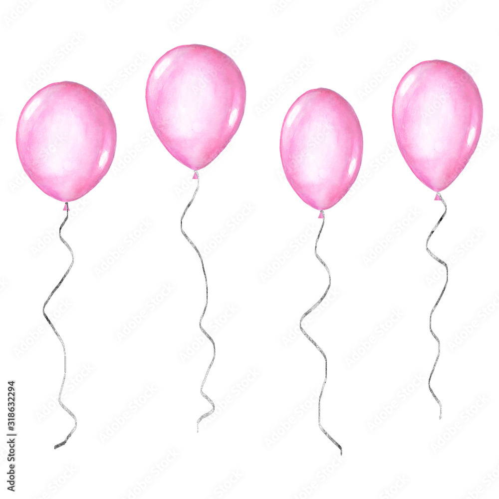 Set of pink watercolor balloons isolated on white background Set of pink watercolor balloons isolated on white background